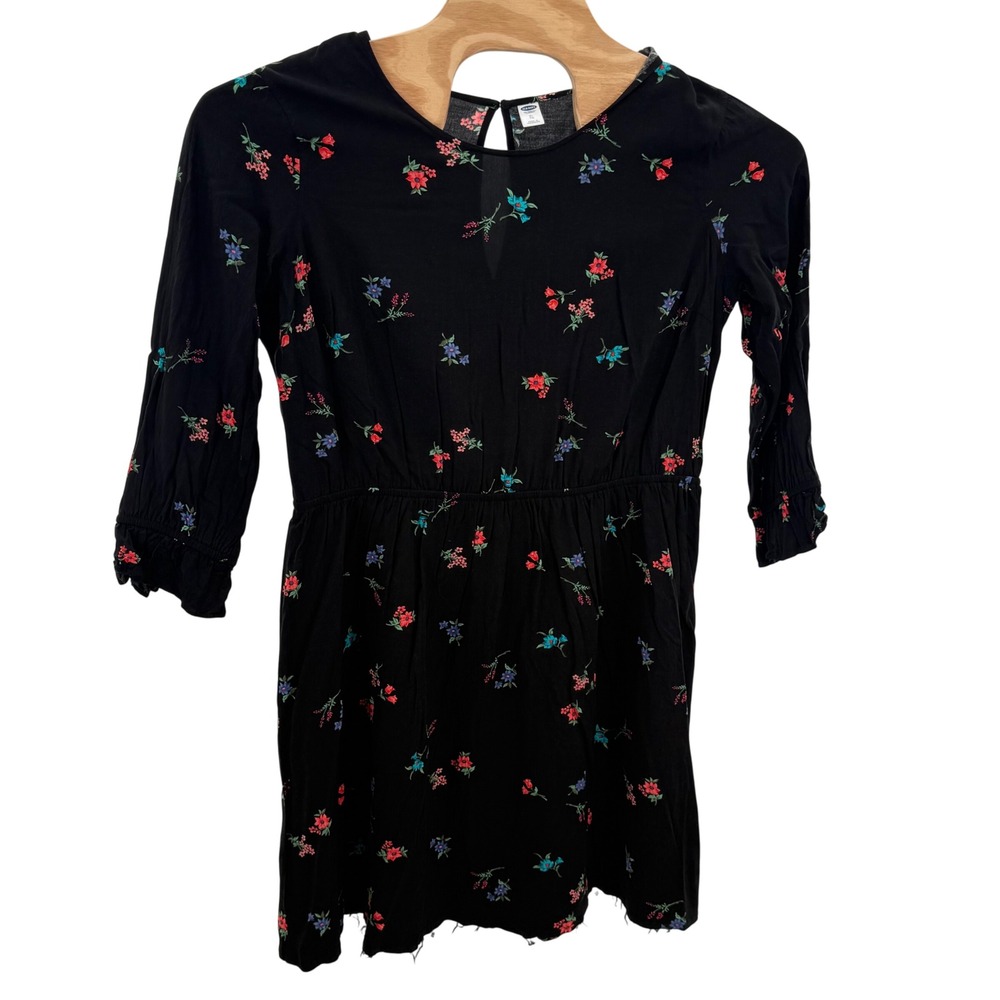 Old Navy Floral Print Mini Dress 3/4 Sleeve Casual Black XL whimsicle boho comfy